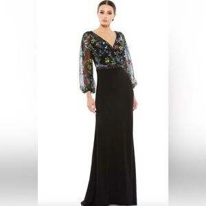 Mac Duggal Embroidered Illusion Puff Sleeve Column Gown NWT 79379